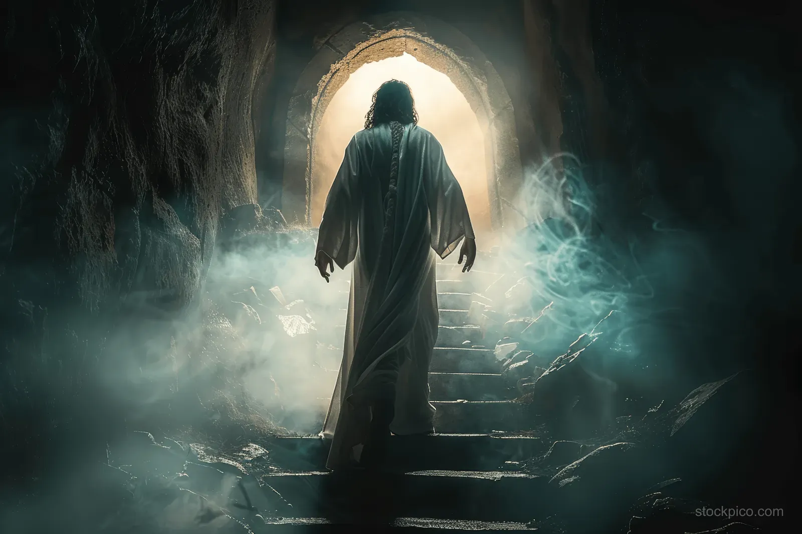 Jesus is shown from behind walking out of a dark tomb as bright mist and dawn light glow around him.