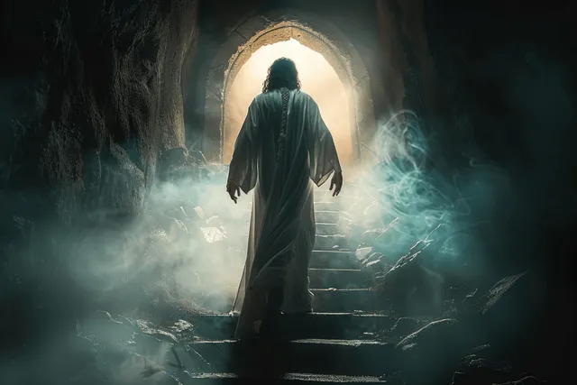 Jesus walking out of a tomb at dawn, back view with glowing misty light