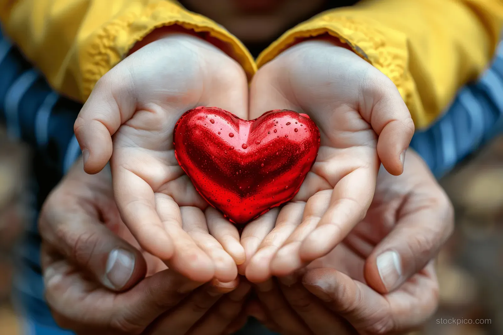 Child’s hands hold a red heart while an adult’s hands surround them in care.