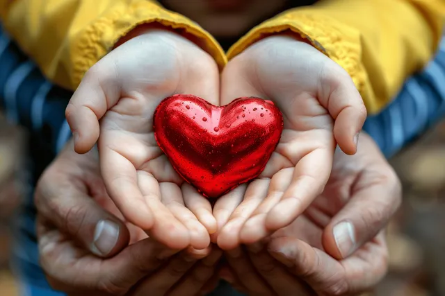 Child’s hands hold a red heart while an adult’s hands surround them in care.