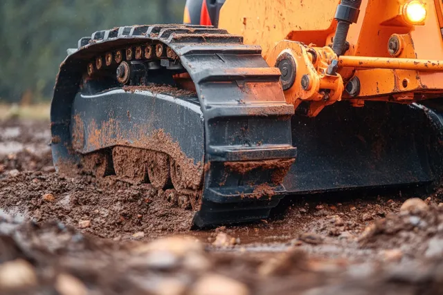 Orange tracked excavator component moves through muddy soil, with steel track links and dirt underfoot.