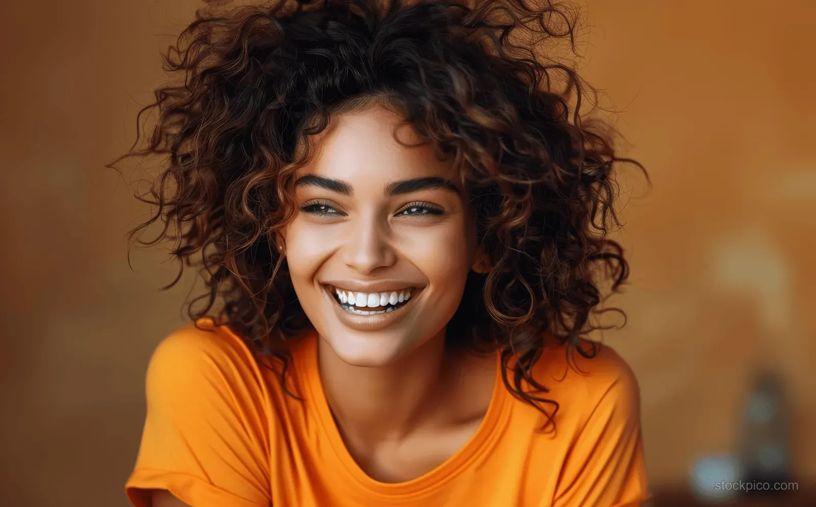 A young woman with curly hair in an orange shirt smiles and laughs against a warm brown background.