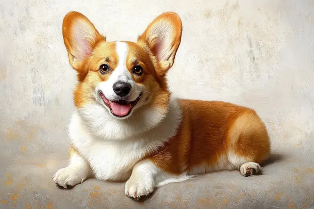 A Pembroke Welsh Corgi lies down on a neutral studio background with a smiling open-mouth expression.