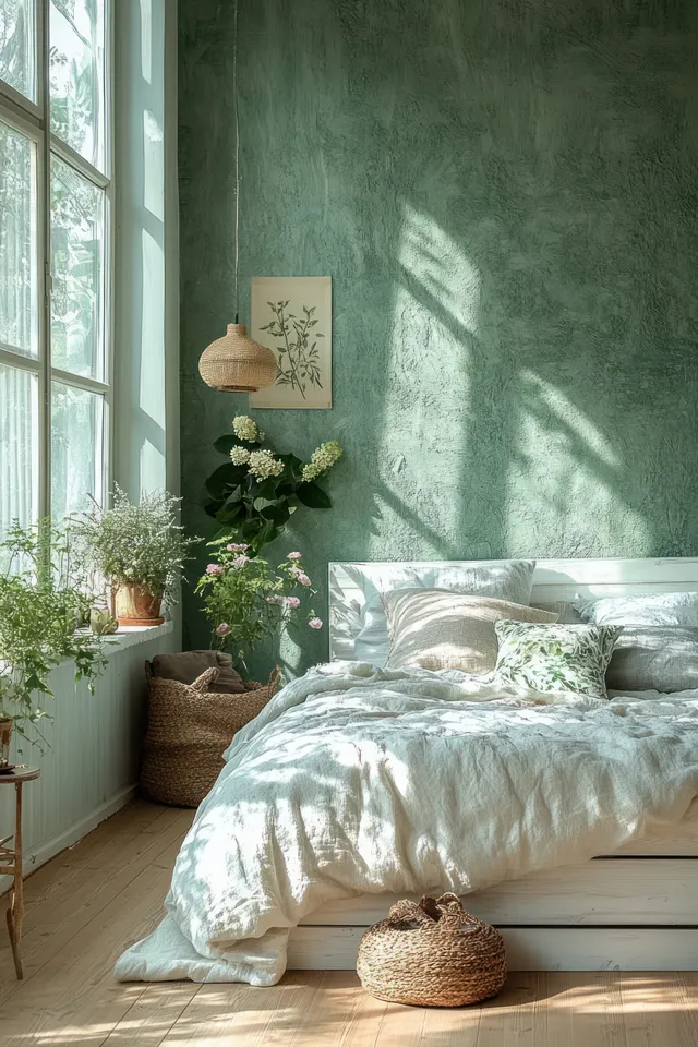 White bed in a Scandinavian bedroom with soft green walls, sunlit window, and minimal plants and bedside lamp.