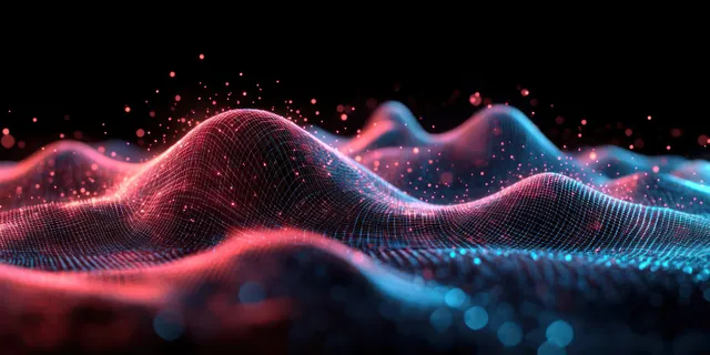 Neon wave ridges with floating particles create interference patterns on a dark quantum field backdrop.