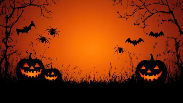 Three glowing jack-o-lanterns sit in grass beneath bare branches and bats against an orange sky.