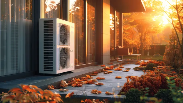 A residential air source heat pump stands on a terrace surrounded by autumn leaves at golden hour.