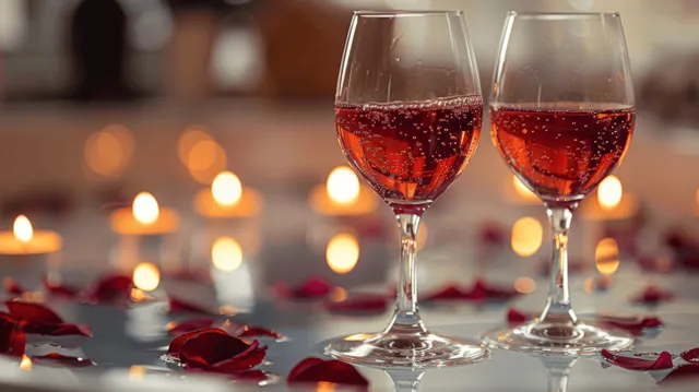 Two glasses of red wine on a candlelit table with scattered rose petals and glowing lights behind.