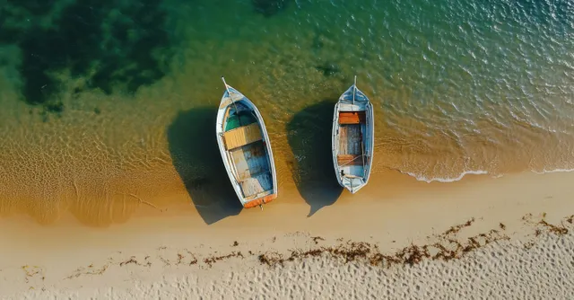 Two rowboats rest on a sandy beach with turquoise water and soft waves beside them.
