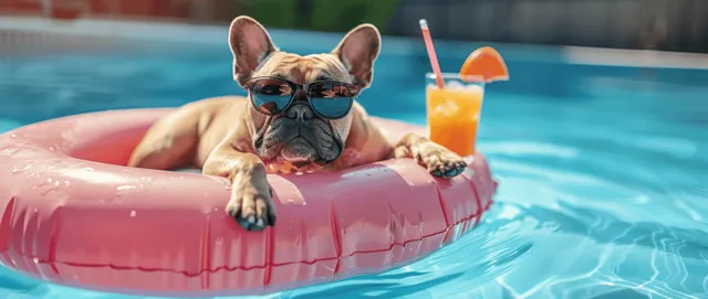 A French bulldog relaxes on an inflatable ring in a pool, wearing sunglasses and holding a tropical cocktail.