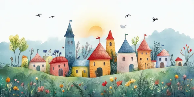 Whimsical village panorama with colorful towers and flowering gardens under a clear blue sky