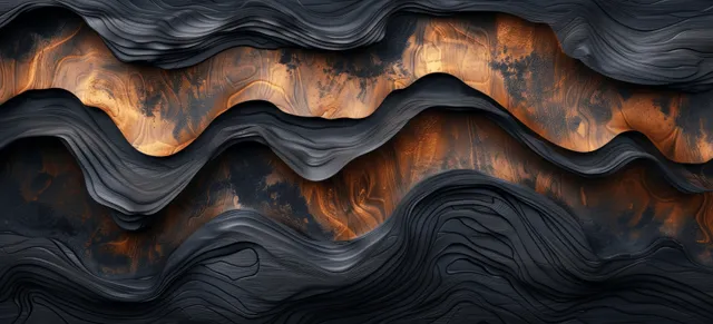 Dark carved wood background showing flowing wave grooves and visible grain in bronze and black earth tones.