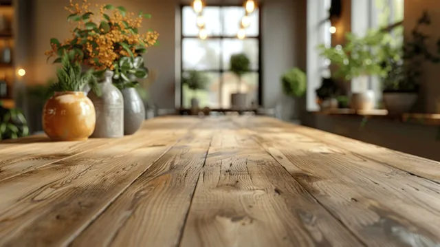 Wooden table top in warm room with softly blurred background