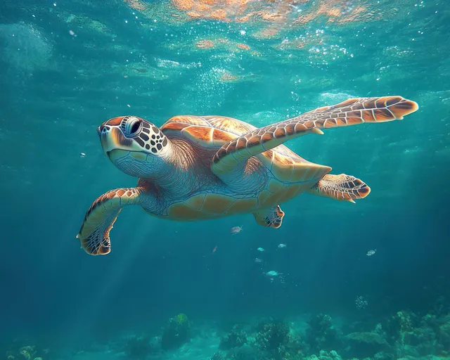 Sea turtle gliding underwater, framed by sunrays and tiny fish in clear blue ocean