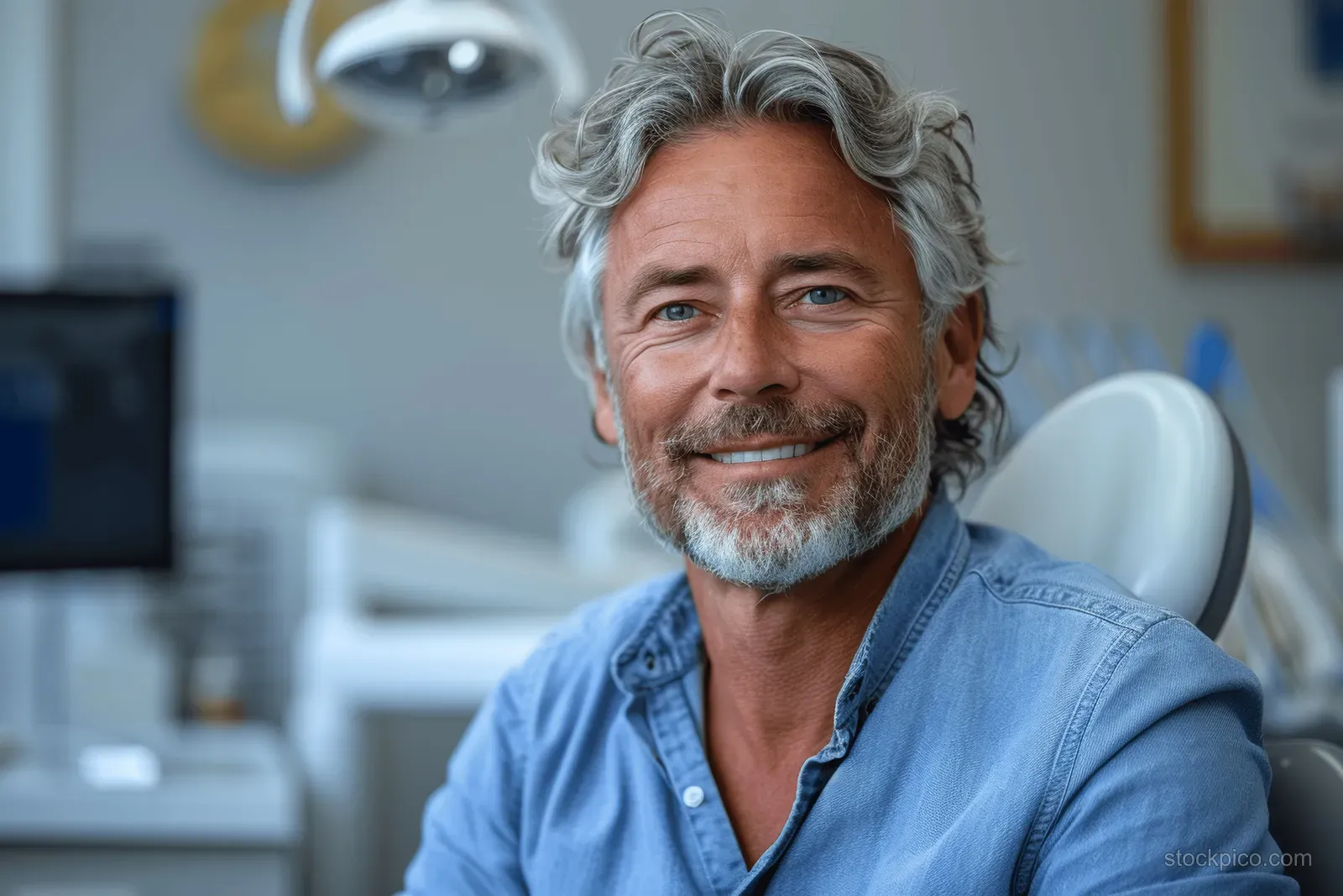 A grey-haired man smiles from a dental chair in a bright clinic office with dental equipment in the background.