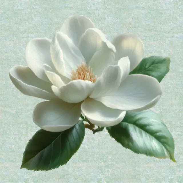 Close-up white magnolia bloom with soft petals and green leaves on textured pale background