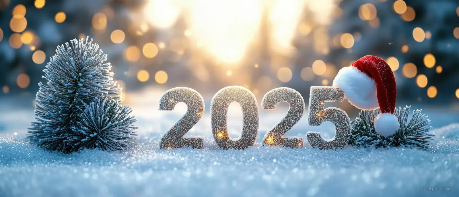 Frosty snow field with glowing 2025 numerals, snowy pine trees, and a Santa hat beside warm bokeh lights.