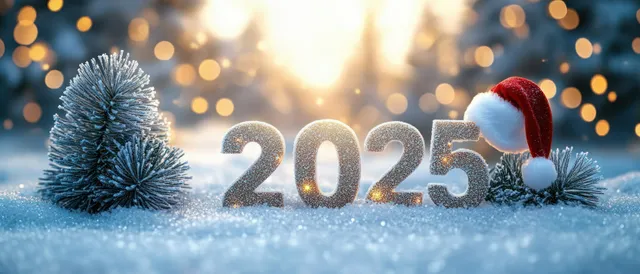 Snowy winter scene with 2025 numbers, pine trees, and Santa hat glow