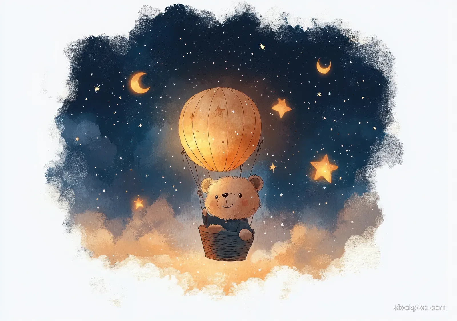A cute bear in a glowing hot air balloon floats through a starry night sky with watercolor clouds and moons.