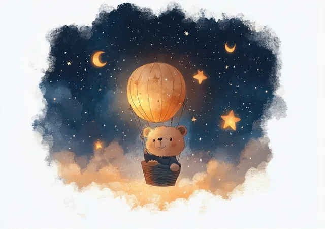 Cute bear hot air balloon drifting through starry night sky with swirling watercolor clouds
