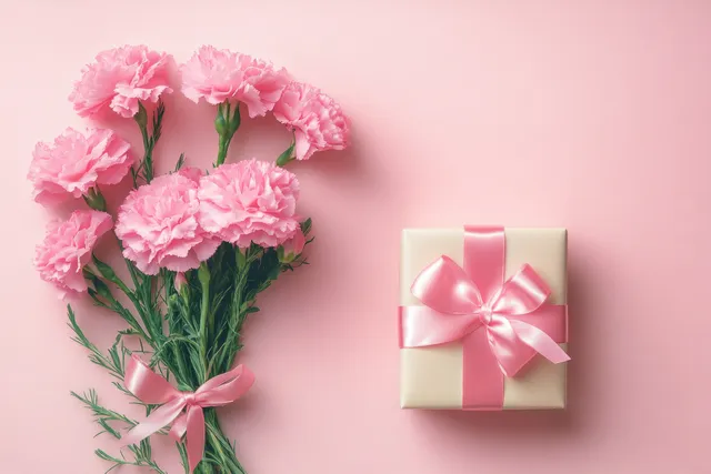 Pink carnations bouquet and wrapped gift box with satin bow on soft pastel backdrop