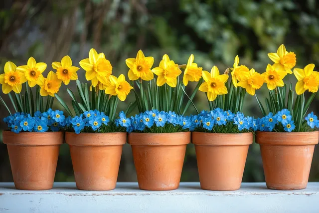 Row of potted daffodils and blue flowers on a bench, spring garden sunlight