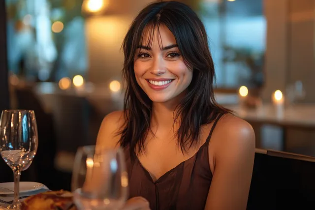 Smiling woman at a restaurant table during evening dinner with wine glasses and warm ambient lighting.