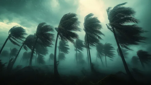 Altas palmeras dobladas por fuertes vientos de tormenta bajo nubes oscuras y lluvia intensa.