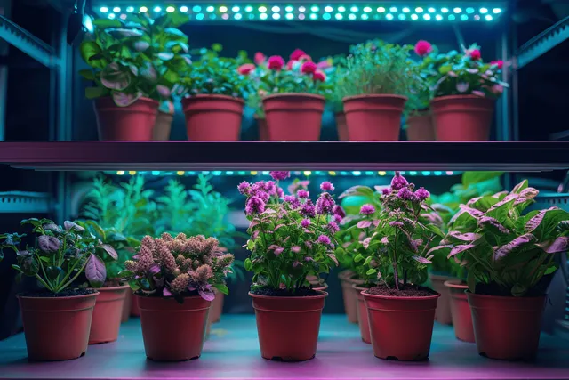 Macetas rojas con flores y hierbas frondosas en estanterías interiores iluminadas por luces LED azules de cultivo.