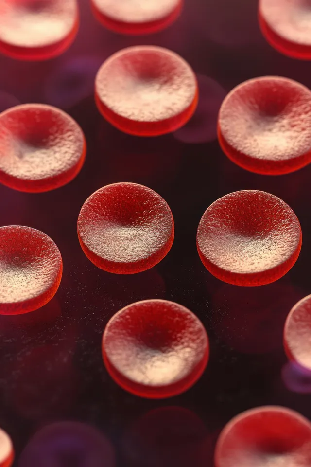 Glowing red disk-shaped cells with textured edges float against a dark background.