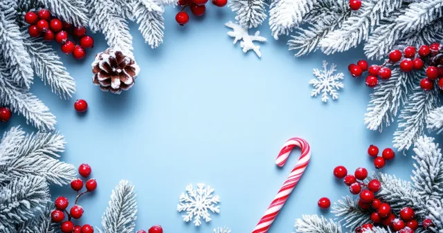 Christmas flat lay wreath frame with snowy pine branches, berries, and candy cane