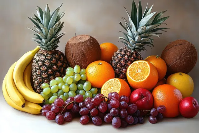 Assorted tropical fruits and citrus arranged with pineapples, bananas, grapes, oranges, coconuts, and apples on a light surface.
