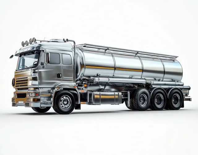 Polished chrome tanker truck with multiple wheels and long cylindrical tank, shown from the side on a white background.