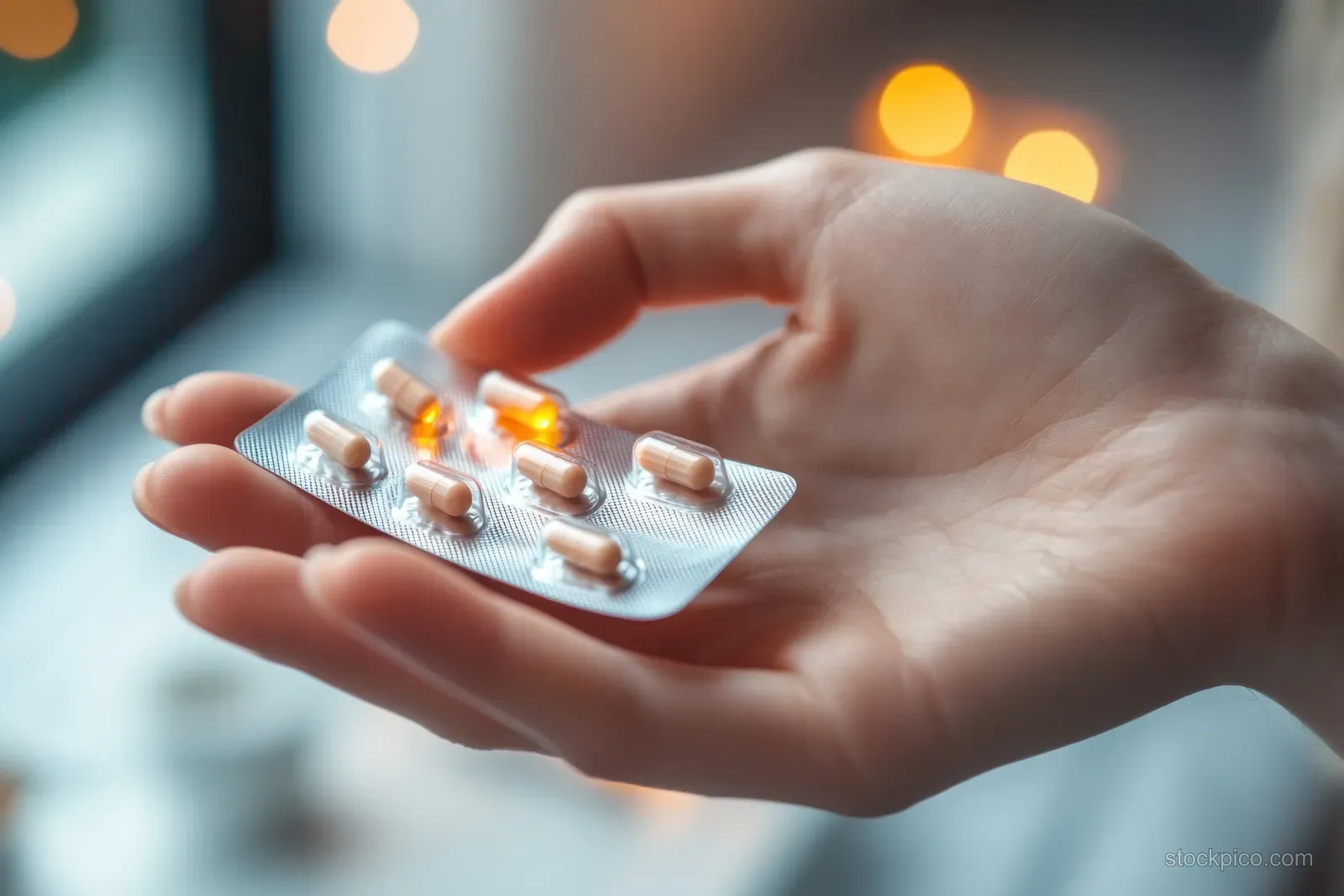 Woman’s hand holding a blister pack of painkiller pills in a softly lit home setting with bokeh lights.