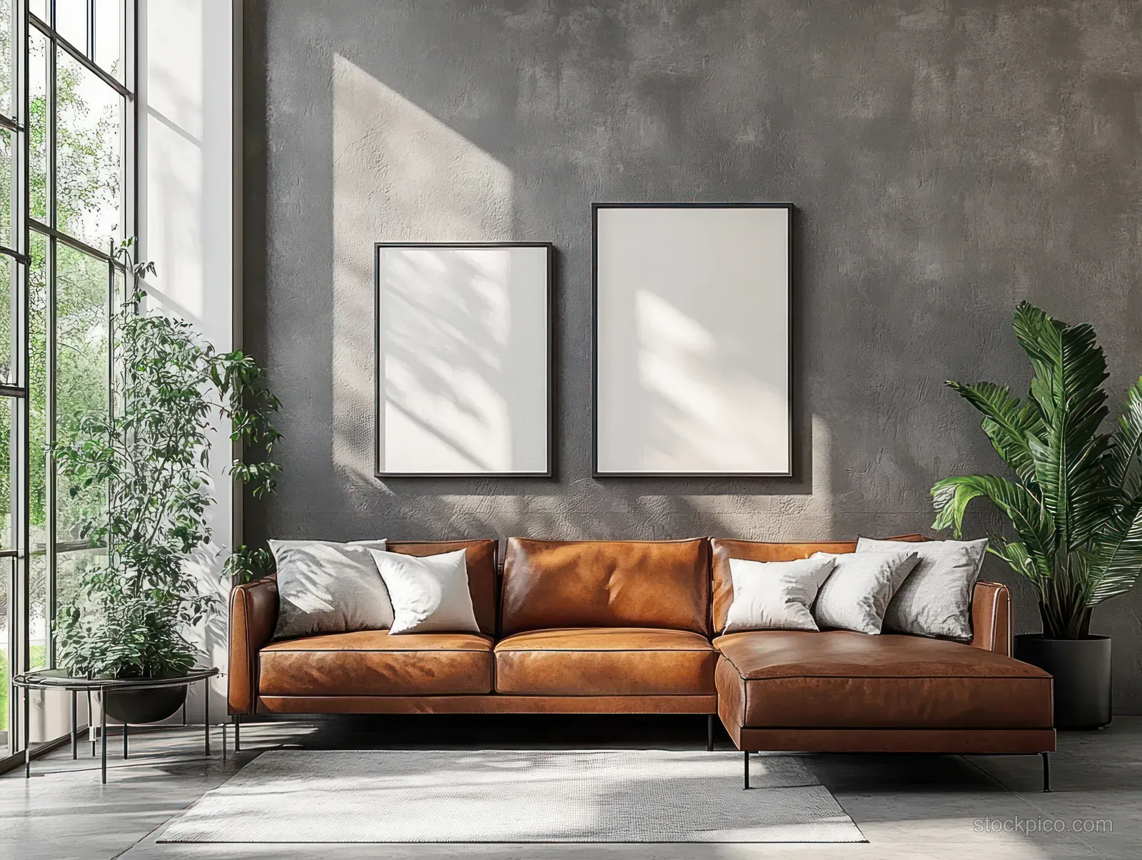 Brown leather sectional sofa sits beneath two framed posters in a bright Scandinavian living room with large windows and plants.