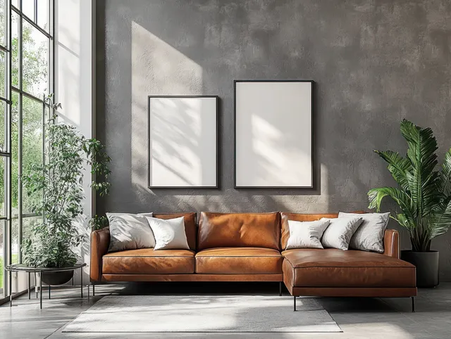 Scandinavian living room with brown leather sectional sofa, large windows, and framed wall art