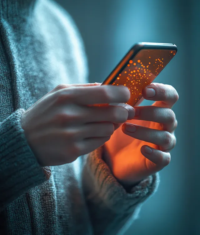 Hands holding smartphone with glowing orange reflections in low light