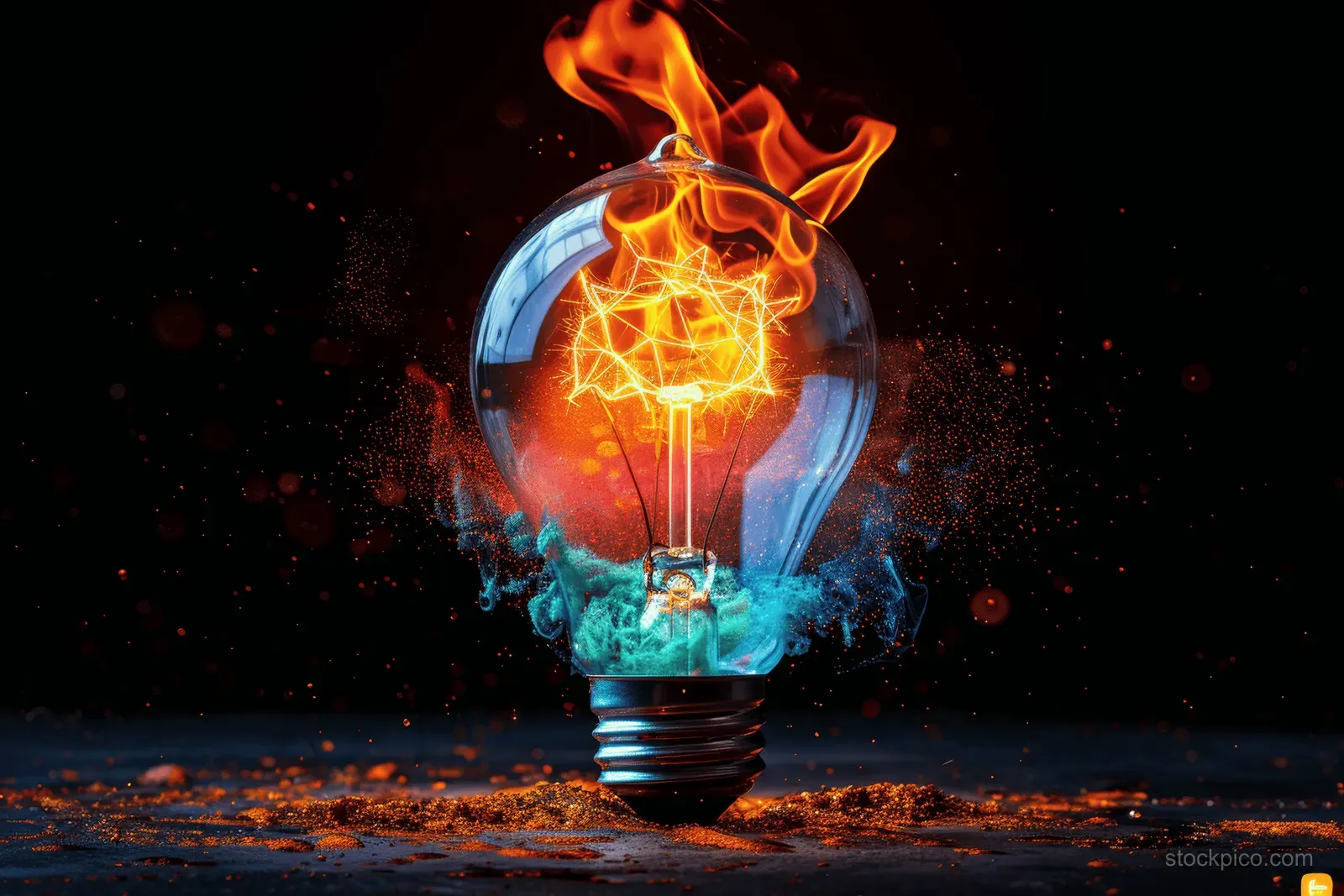 A glowing blue light bulb bursts with orange flame and colorful electric sparks on a dark black background.