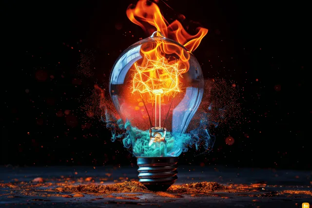 A glowing blue light bulb bursts with orange flame and colorful electric sparks on a dark black background.