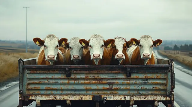Five brown and white cows stand in a rusty metal trailer on a country road beneath cloudy skies.