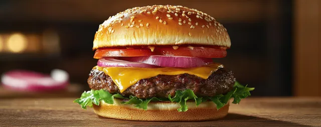 Double cheeseburger on rustic wooden table with melted cheese and fresh lettuce garnish