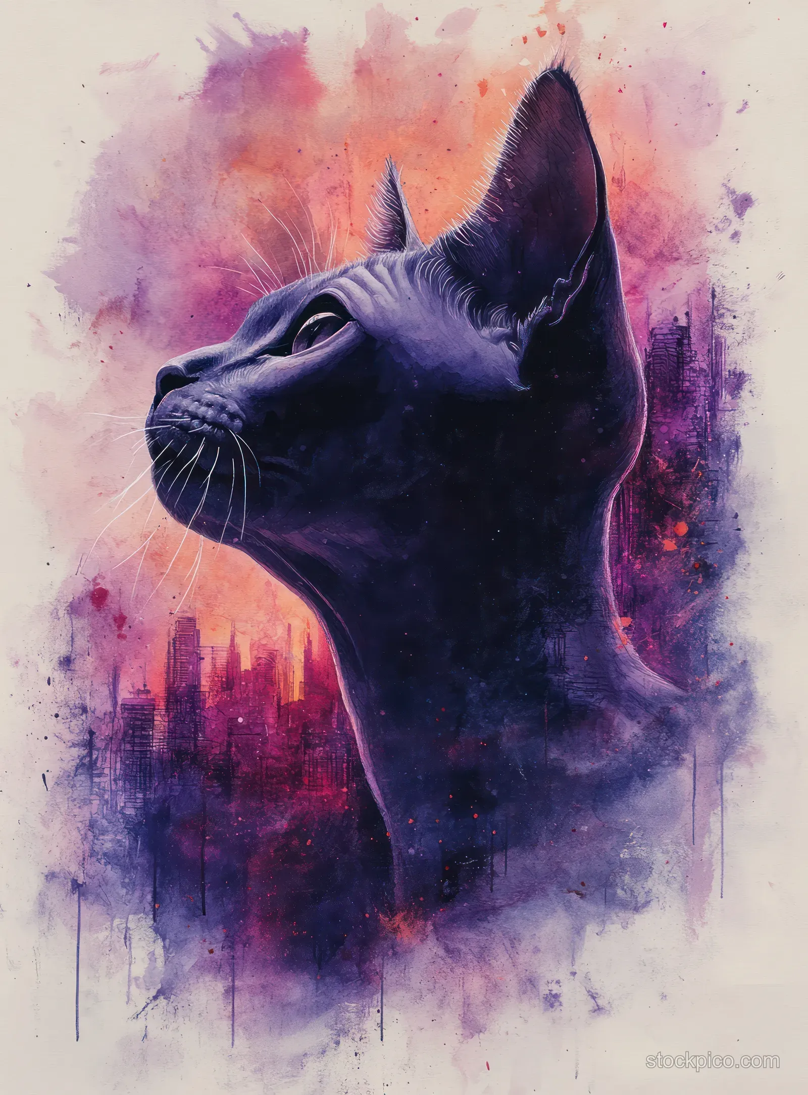 Watercolor Sphynx cat in profile with green eyes over a purple and pink abstract watercolor background.