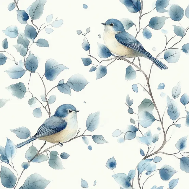 Two small blue birds perched on watercolor branches with soft blue leaves