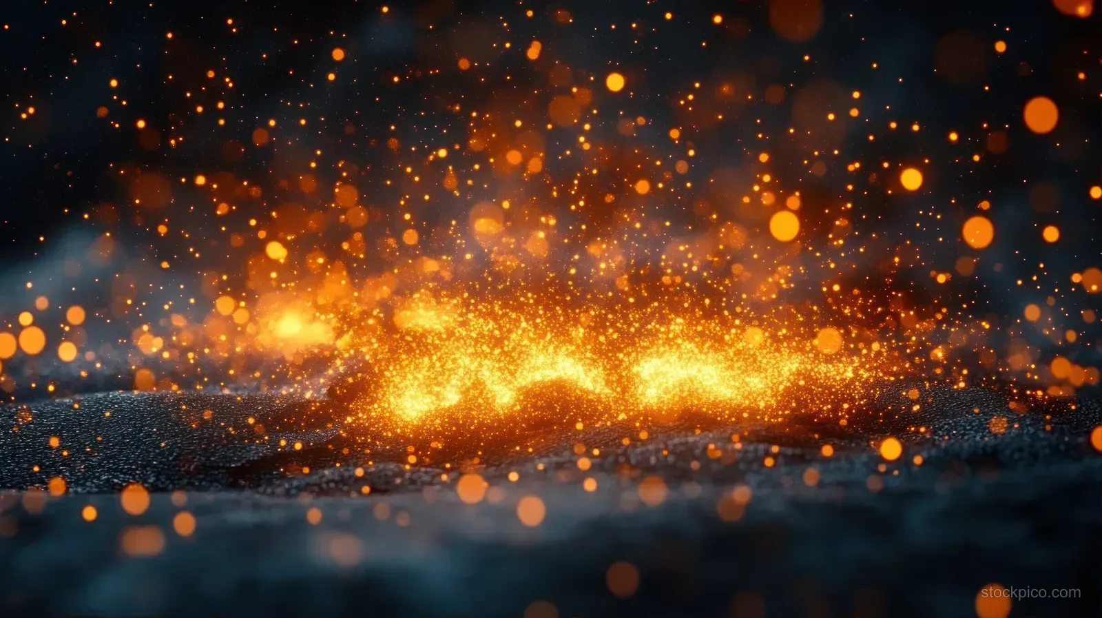 Orange sparks and glowing embers rise from a dark textured surface, forming a fiery light haze.