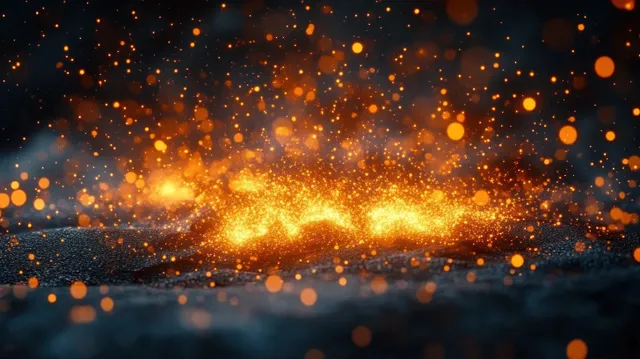 Orange sparks and glowing embers rise from a dark textured surface, forming a fiery light haze.
