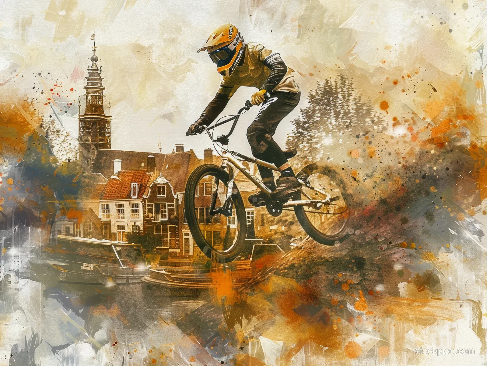 A woman BMX rider races past Dutch canal houses with orange and gold watercolor splashes.
