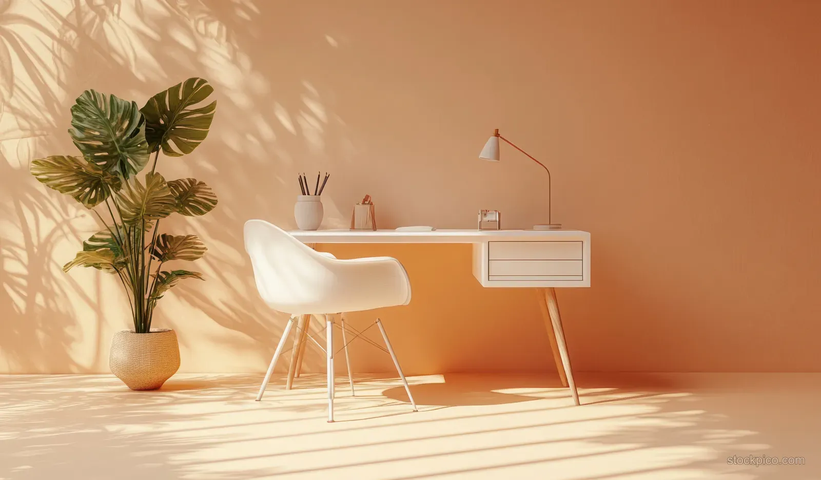 White desk and chair in a minimalist home office with a desk lamp, pencils holder, and green potted plant shadows on a peach wall.