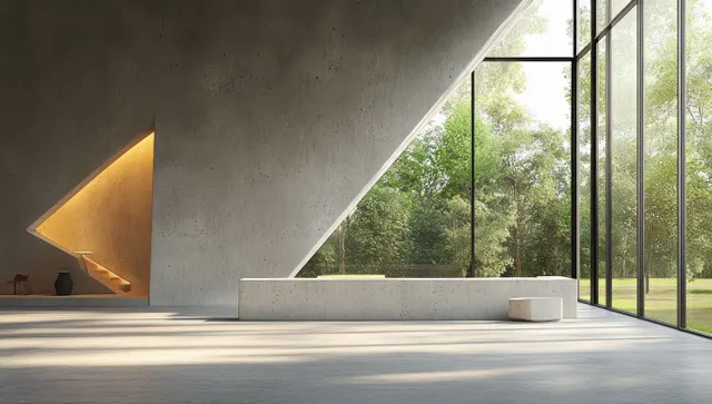 Empty minimalist loft interior with polished concrete walls and floor-to-ceiling windows, sunlight streaming in.