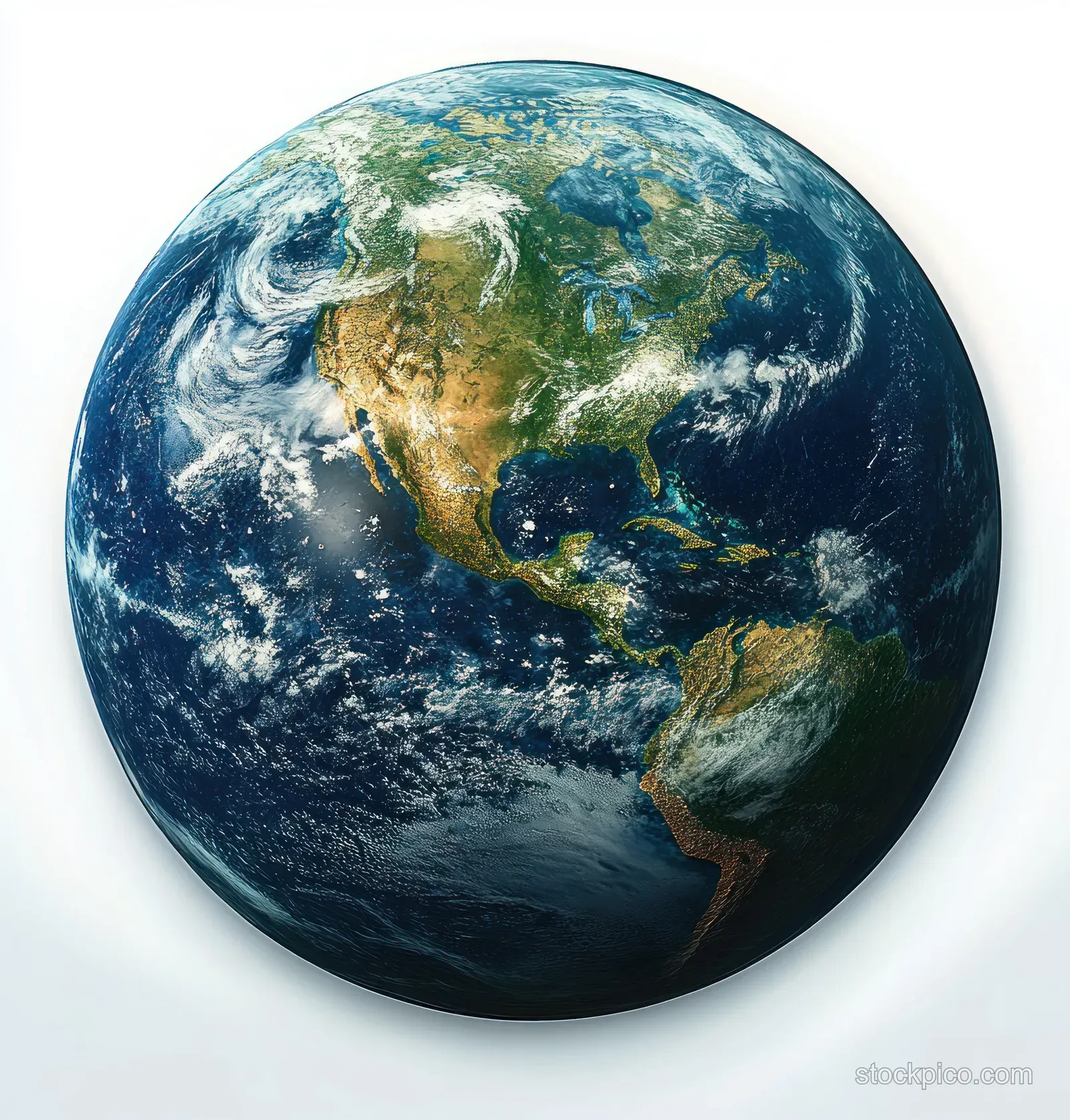 A floating Earth globe from space showing continents, oceans, and swirling clouds on a light background.