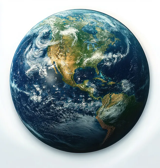 A floating Earth globe from space showing continents, oceans, and swirling clouds on a light background.